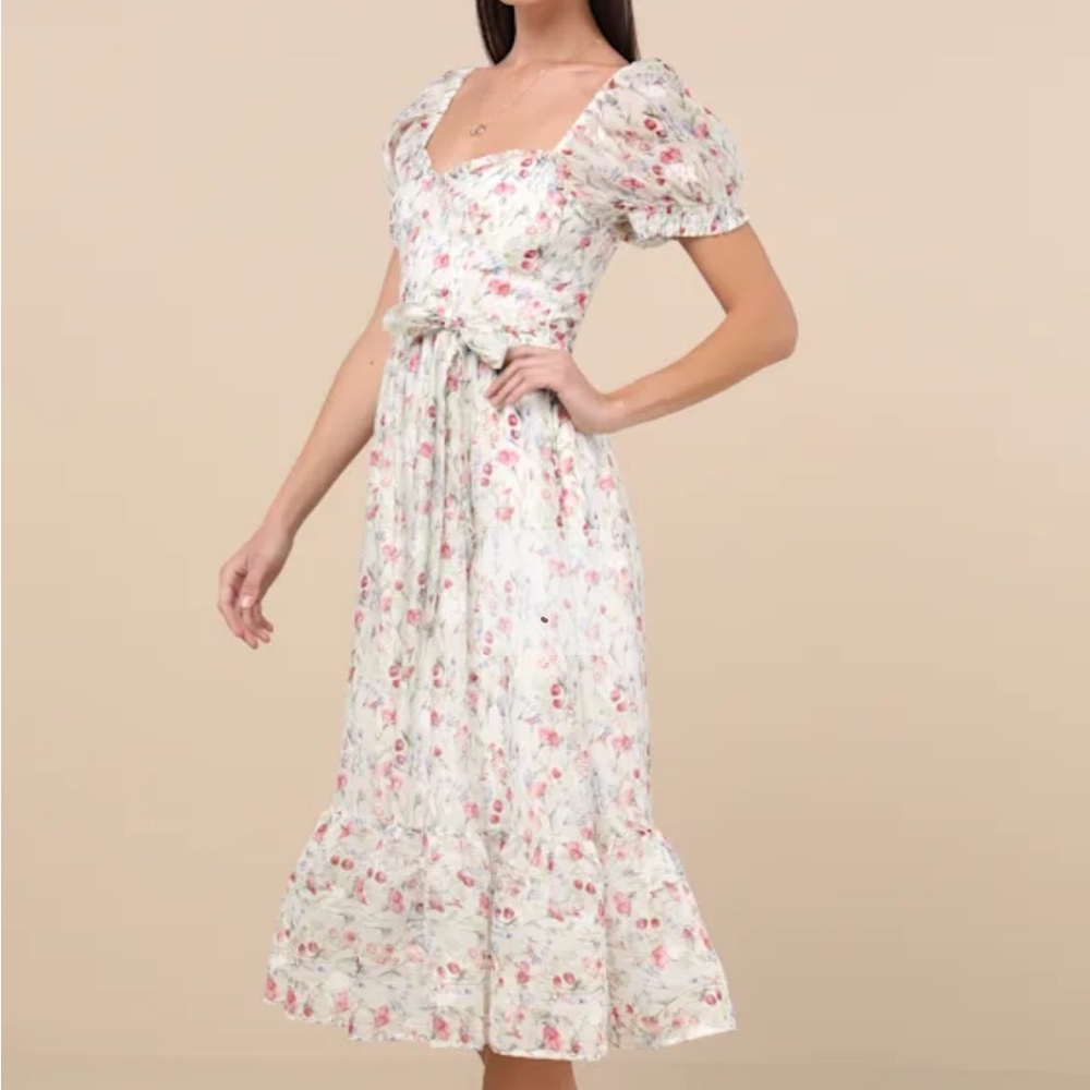 Lulu's Floral Puff Sleeve Midi Dress in Cream and Pink